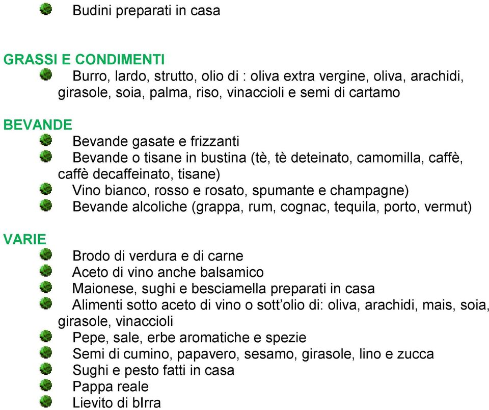 rum, cognac, tequila, porto, vermut) VARIE Brodo di verdura e di carne Aceto di vino anche balsamico Maionese, sughi e besciamella preparati in casa Alimenti sotto aceto di vino o sott olio di: