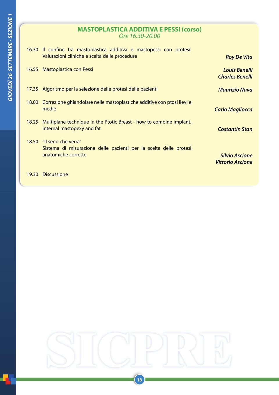 35 Algoritmo per la selezione delle protesi delle pazienti Maurizio Nava 18.00 Correzione ghiandolare nelle mastoplastiche additive con ptosi lievi e medie Carlo Magliocca 18.