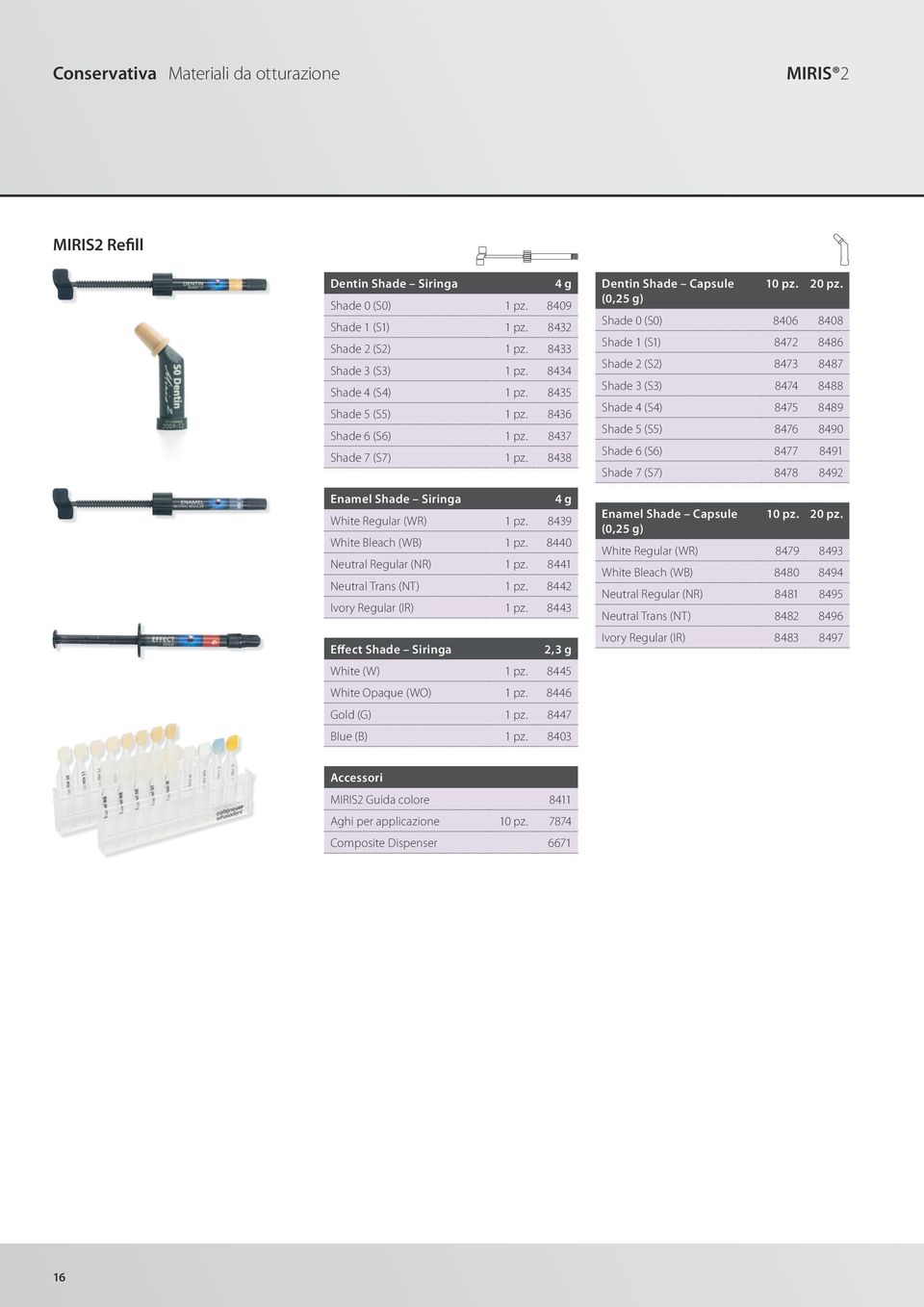 2,3 g White (W) 8445 White Opaque (WO) 8446 Gold (G) 8447 Blue (B) 8403 Dentin Shade Capsule 10 pz. 20 pz.