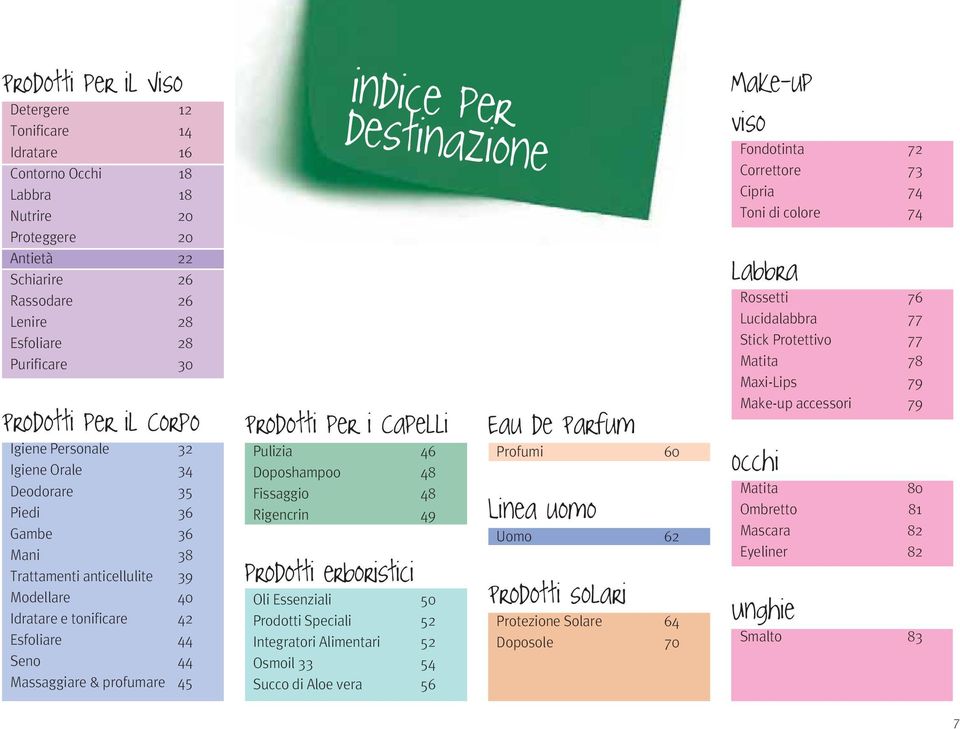 indice per destinazione Prodotti per i Capelli Pulizia 46 Doposhampoo 48 Fissaggio 48 Rigencrin 49 prodotti erboristici Oli Essenziali 50 Prodotti Speciali 52 Integratori Alimentari 52 Osmoil 33 54