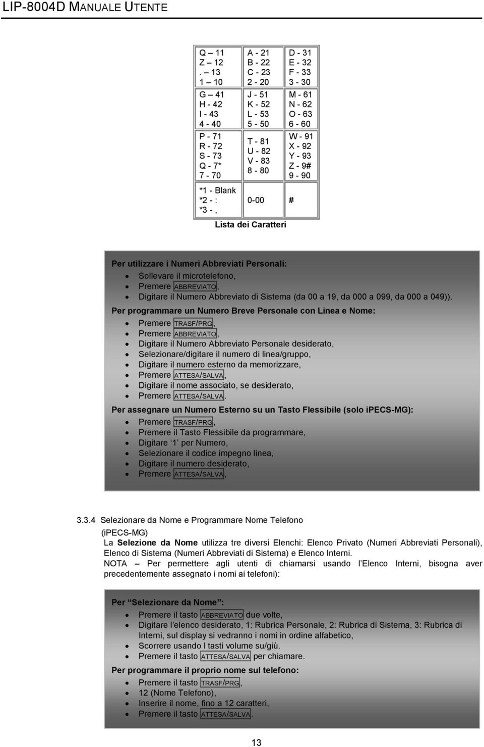 31 E - 32 F - 33 3-30 M - 61 N - 62 O - 63 6-60 W - 91 X - 92 Y - 93 Z - 9# 9-90 Per utilizzare i Numeri Abbreviati Personali: Premere ABBREVIATO, Digitare il Numero Abbreviato di Sistema (da 00 a