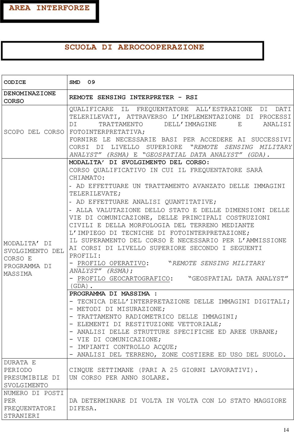 SUCCESSIVI CORSI DI LIVELLO SUPERIORE REMOTE SENSING MILITARY ANALYST (RSMA) E GEOSPATIAL DATA ANALYST (GDA).