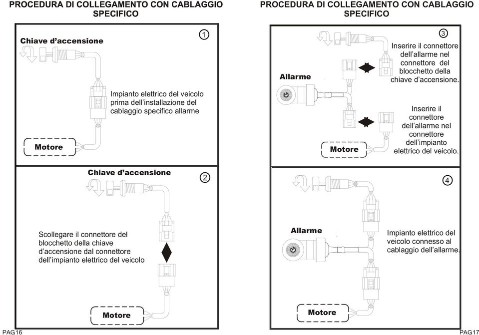 Motore Impianto elettrico del veicolo prima dell installazione del cablaggio specifico allarme Motore Inserire il connettore dell allarme nel connettore dell