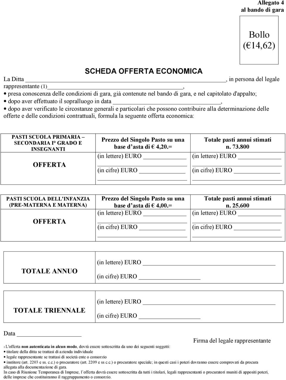 condizioni contrattuali, formula la seguente offerta economica: PASTI SCUOLA PRIMARIA SECONDARIA I GRADO E INSEGNANTI OFFERTA Prezzo del Singolo Pasto su una base d asta di 4,20.