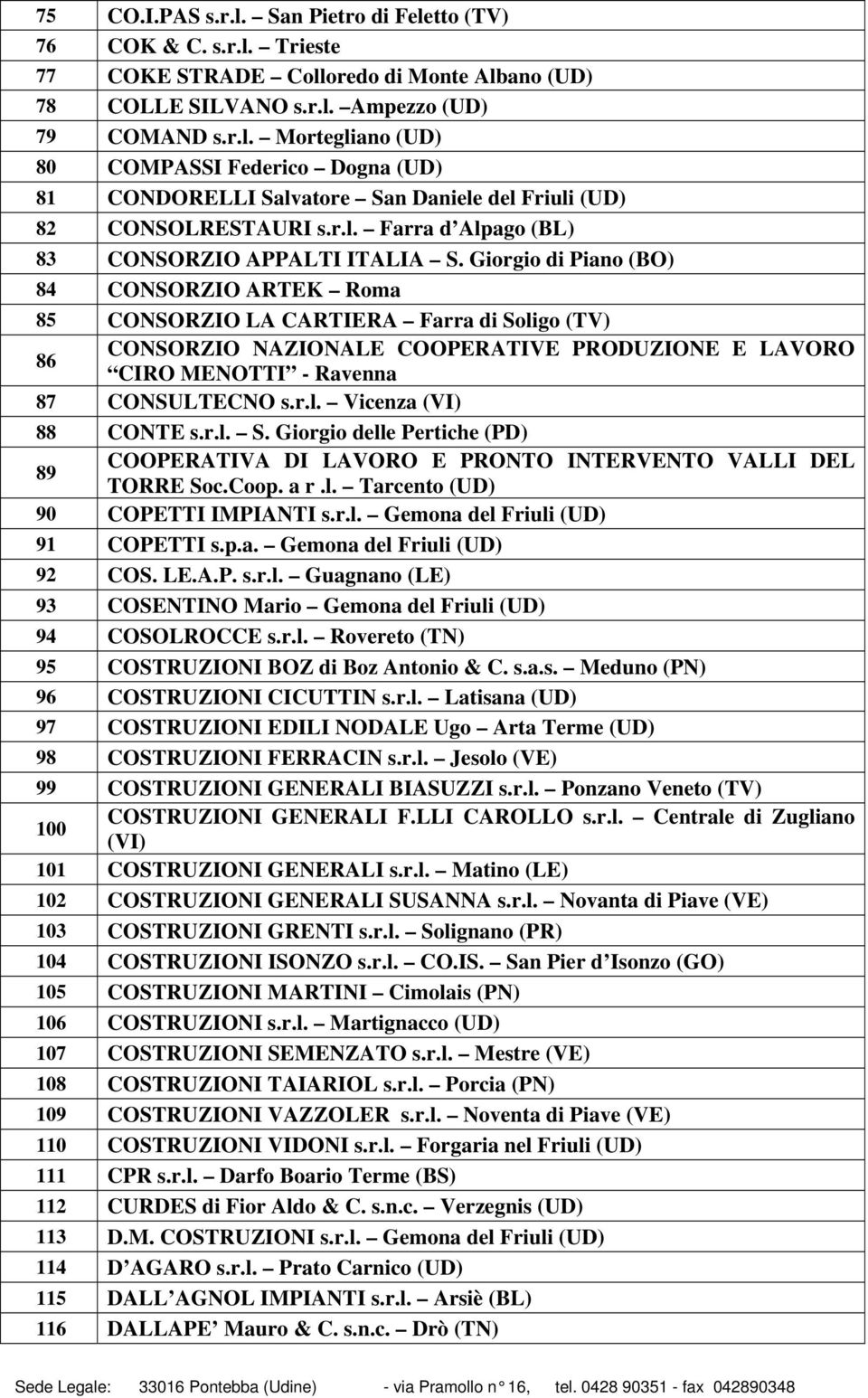 Giorgio di Piano (BO) 84 CONSORZIO ARTEK Roma 85 CONSORZIO LA CARTIERA Farra di Soligo (TV) 86 CONSORZIO NAZIONALE COOPERATIVE PRODUZIONE E LAVORO CIRO MENOTTI - Ravenna 87 CONSULTECNO s.r.l. Vicenza (VI) 88 CONTE s.