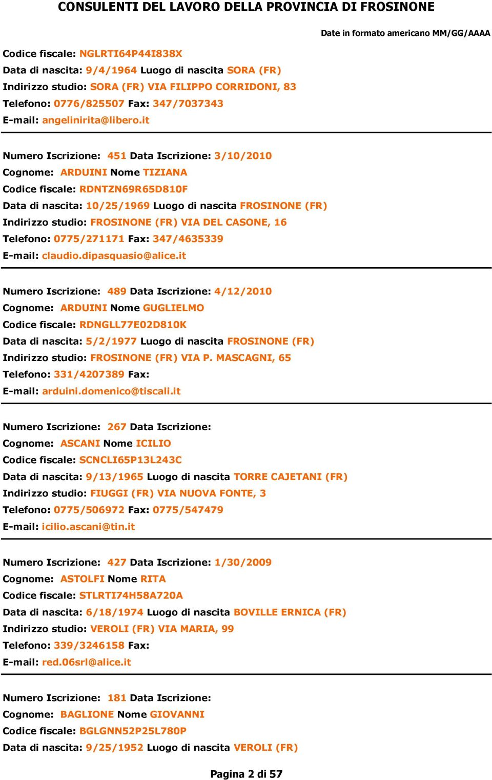 it Numero Iscrizione: 451 Data Iscrizione: 3/10/2010 Cognome: ARDUINI Nome TIZIANA Codice fiscale: RDNTZN69R65D810F Data di nascita: 10/25/1969 Luogo di nascita FROSINONE (FR) Indirizzo studio: