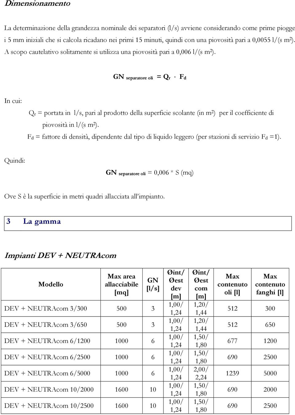 GN separatore oli = Qr Fd In cui: Qr = portata in l/s, pari al prodotto della superficie scolante (in m 2 ) per il coefficiente di piovosità in l/(s m 2 ).