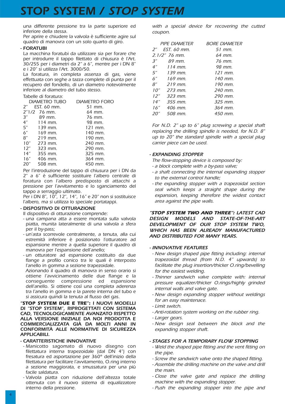 - FORATUBI La macchina foratubi da utilizzare sia per forare che per introdurre il tappo filettato di chiusura è l Art. 30/255 per i diametri da 2 a 6, mentre per i DN 8 e i 20 si utilizza l Art.