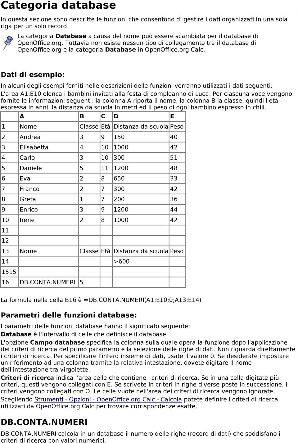 org e la categoria Database in OpenOffice.org Calc.