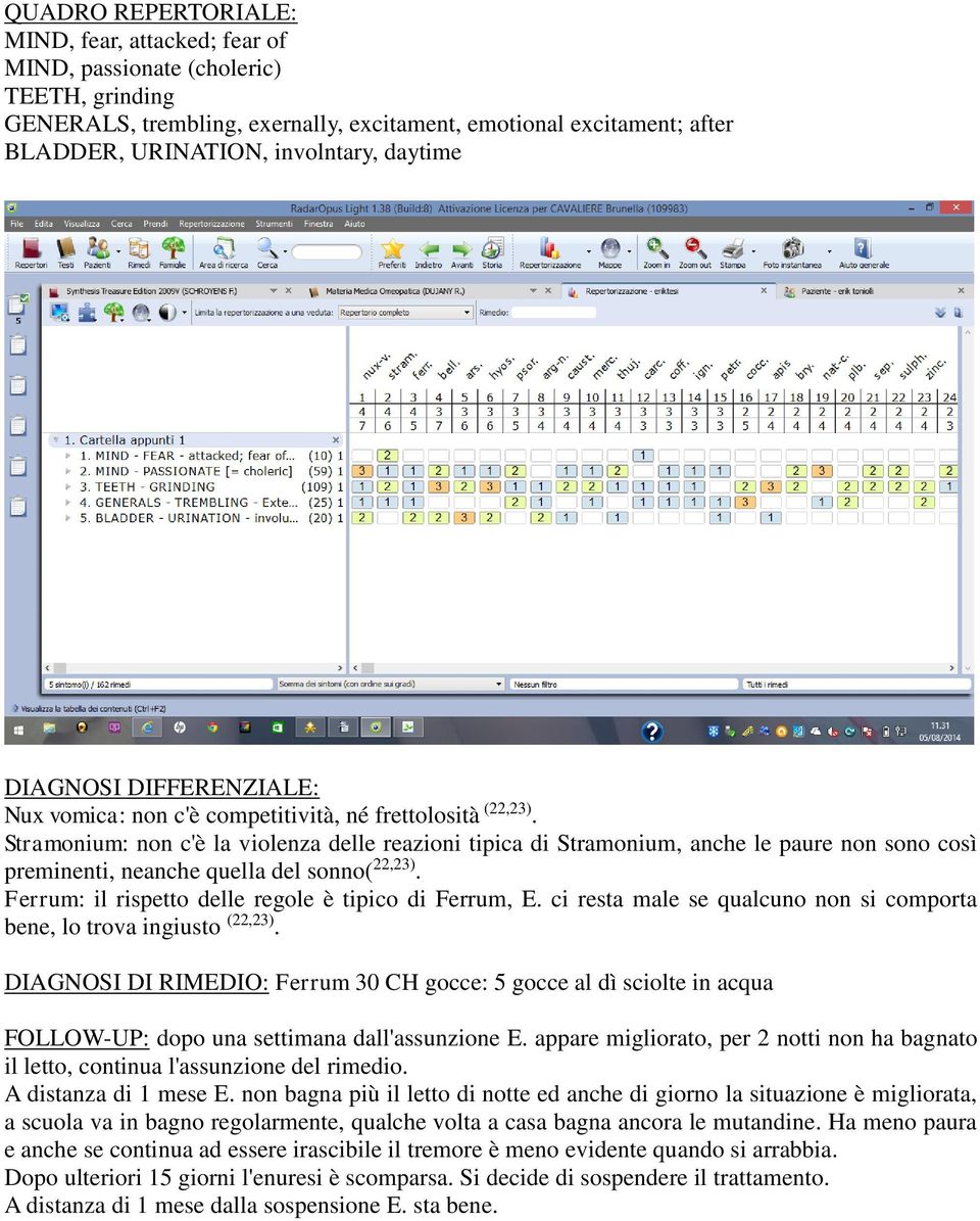 Stramonium: non c'è la violenza delle reazioni tipica di Stramonium, anche le paure non sono così preminenti, neanche quella del sonno( 22,23). Ferrum: il rispetto delle regole è tipico di Ferrum, E.