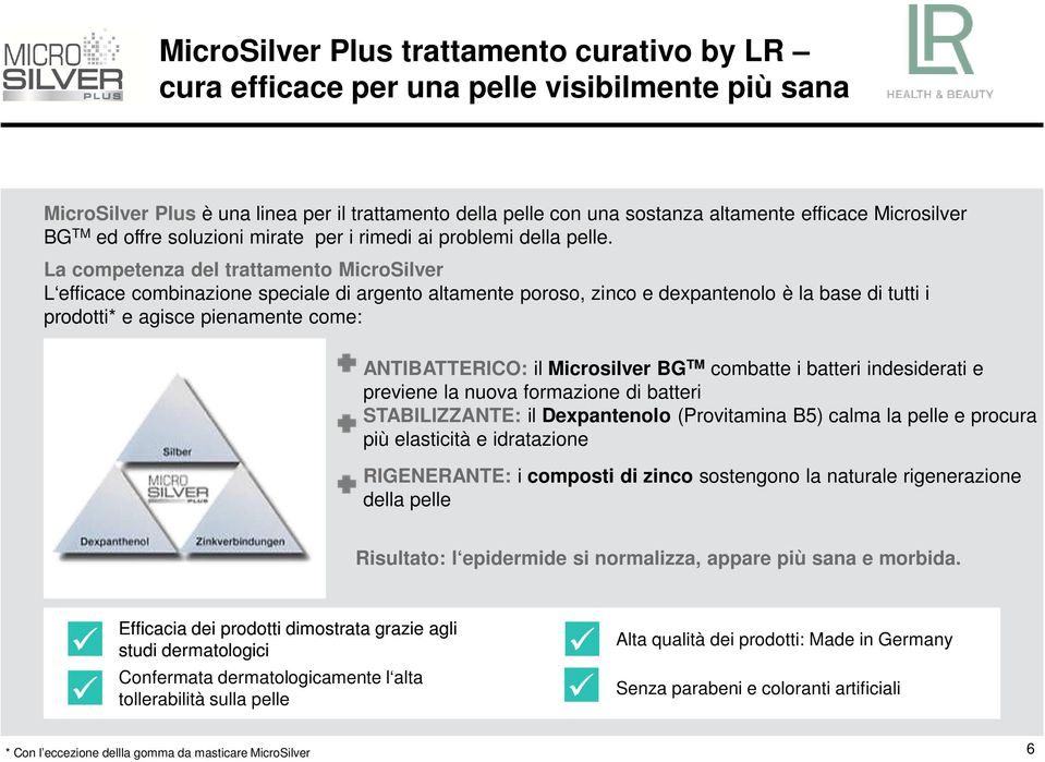 La competenza del trattamento MicroSilver L efficace combinazione speciale di argento altamente poroso, zinco e dexpantenolo è la base di tutti i prodotti* e agisce pienamente come: ANTIBATTERICO: il