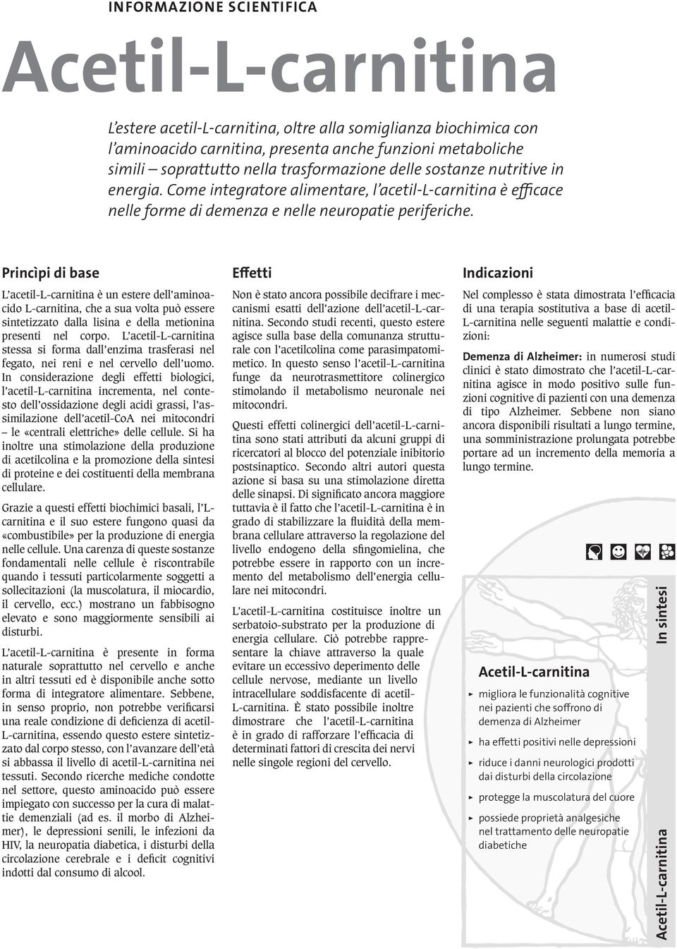 Princìpi di base L acetil-l-carnitina è un estere dell aminoacido L-carnitina, che a sua volta può essere sintetizzato dalla lisina e della metionina presenti nel corpo.