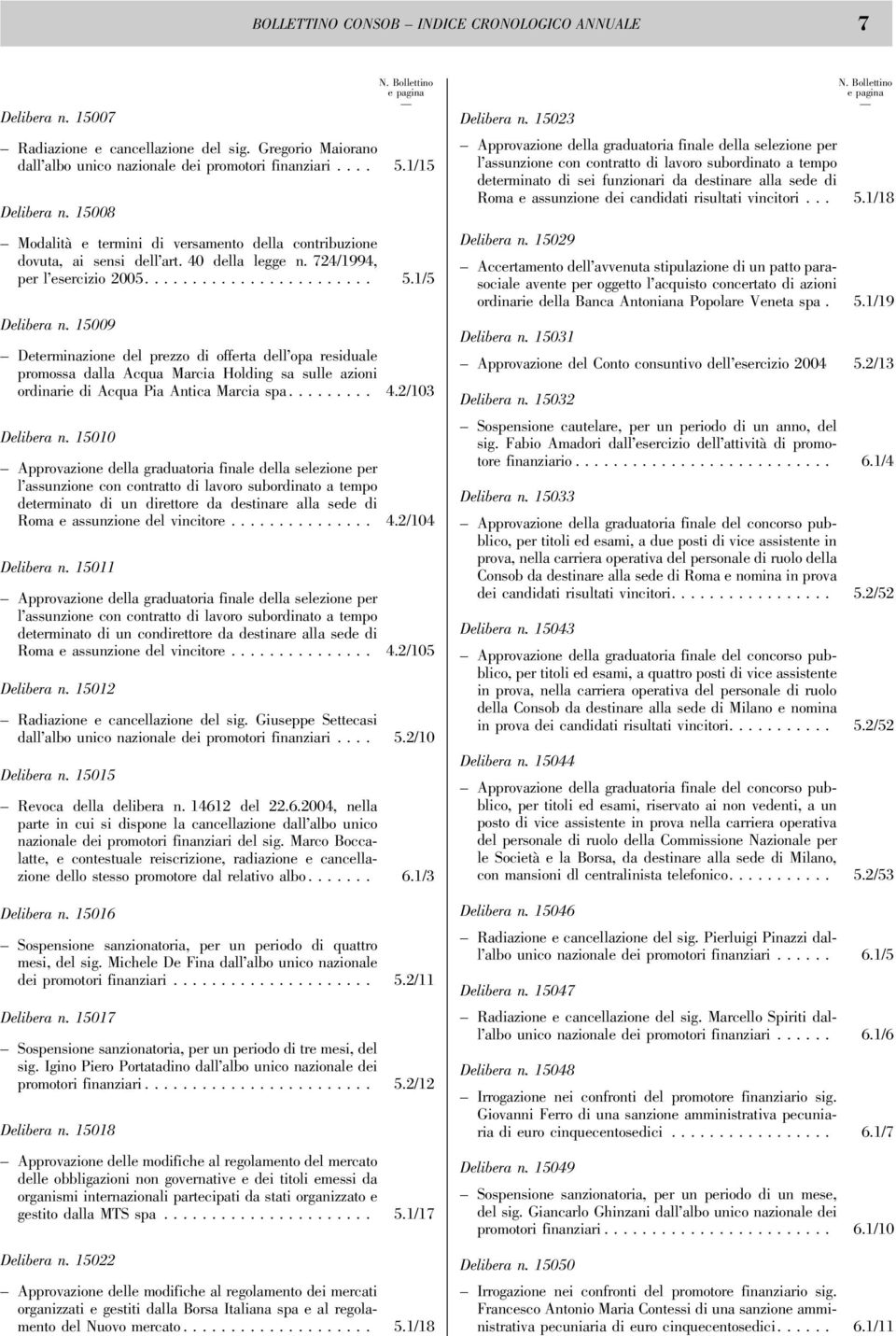 15009 Determinazione del prezzo di offerta dell opa residuale promossa dalla Acqua Marcia Holding sa sulle azioni ordinarie di Acqua Pia Antica Marcia spa......... 4.2/103 Delibera n.