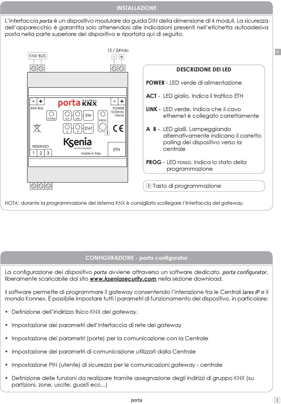 KNX BUS DESCRIZIONE DEI LED POWER - LED verde di alimentazione ACT - LED giallo. Indica il traffico ETH LINK - LED verde. Indica che il cavo ethernet è collegato correttamente A B - LED gialli.