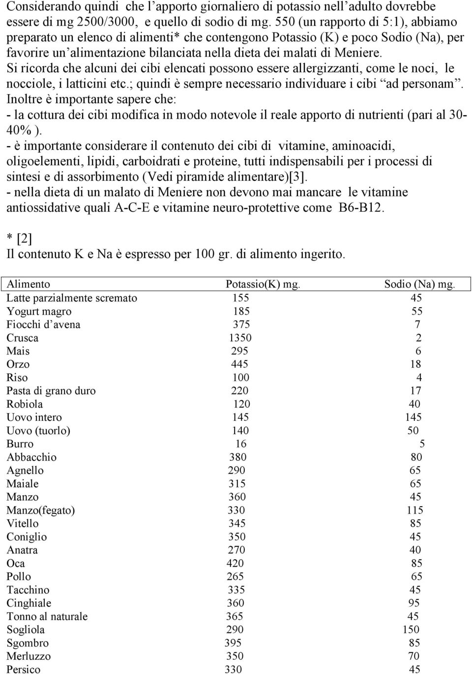 Si ricorda che alcuni dei cibi elencati possono essere allergizzanti, come le noci, le nocciole, i latticini etc.; quindi è sempre necessario individuare i cibi ad personam.