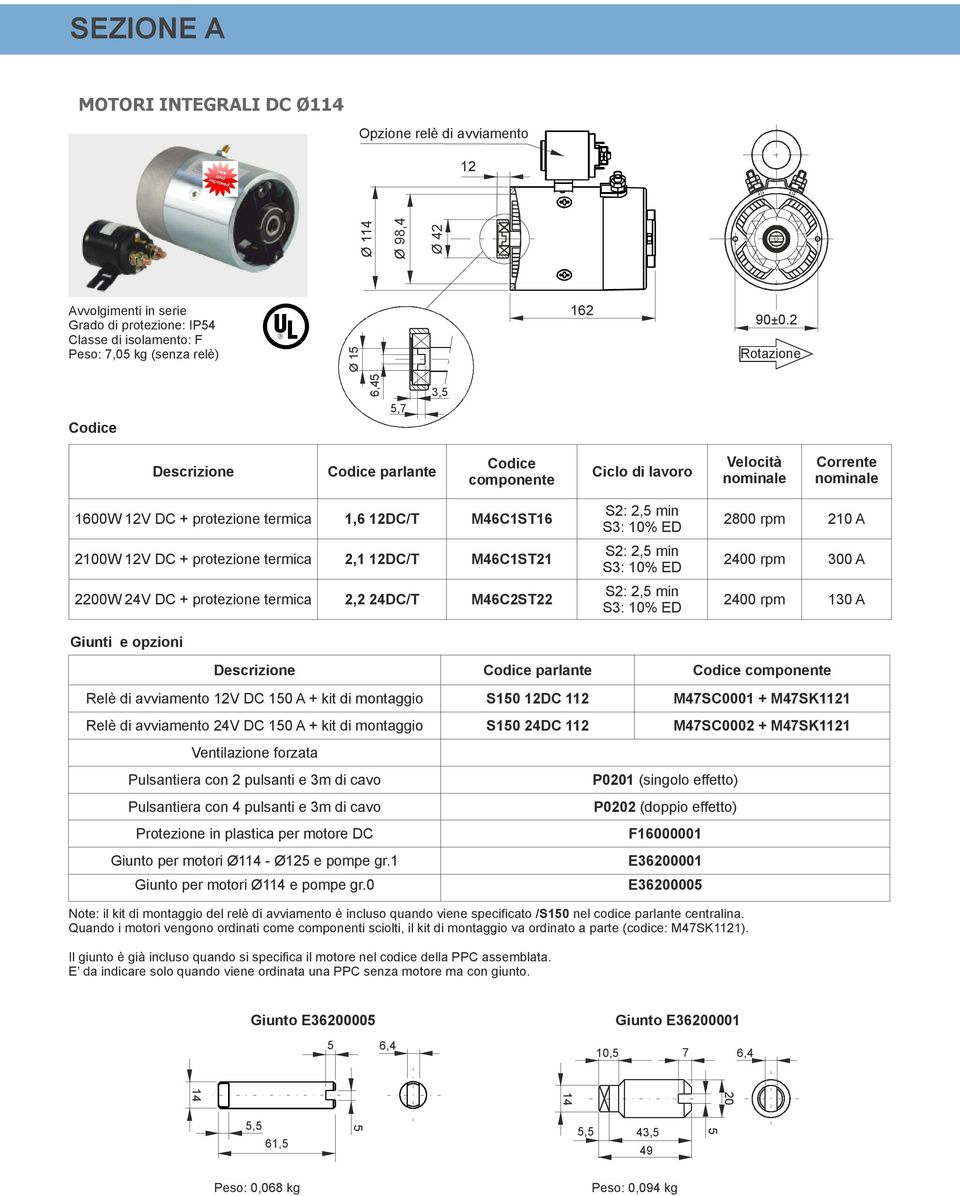 termica, DC/T MCST Giunti e opzioni :, min : 1% ED :, min : 1% ED :, min : 1% ED rpm 1 A rpm 3 A rpm 13 A Descrizione parlante Relè di avviamento V DC 1 A + kit di montaggio S1 DC 1 M7SC1 + M7SK11