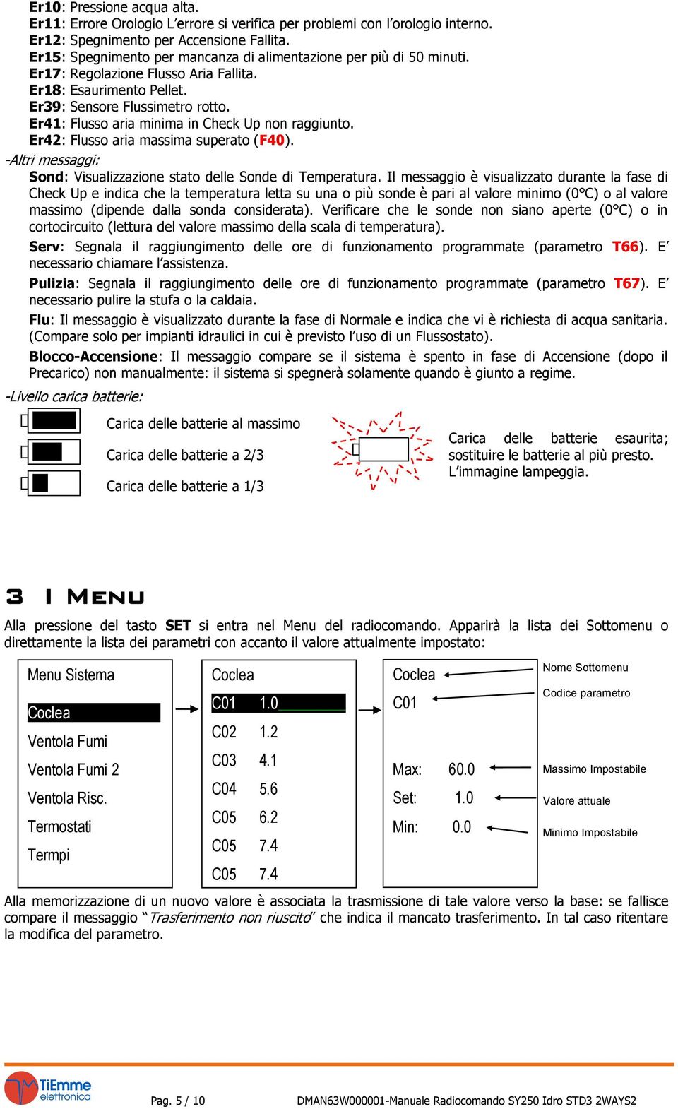 Er41: Flusso aria minima in Check Up non raggiunto. Er42: Flusso aria massima superato (F40). -Altri messaggi: Sond: Visualizzazione stato delle Sonde di Temperatura.