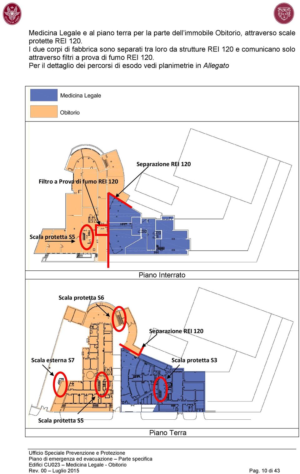 Per il dettaglio dei percorsi di esodo vedi planimetrie in Allegato Filtro a Prova di fumo REI 120 Separazione REI 120 Scala