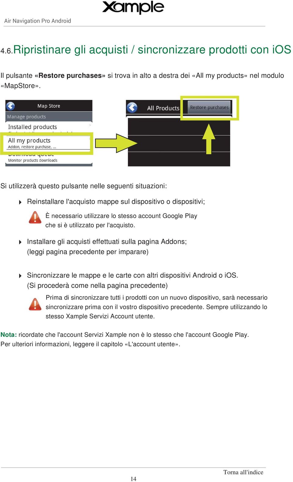 l'acquisto. Installare gli acquisti effettuati sulla pagina Addons; (leggi pagina precedente per imparare) Sincronizzare le mappe e le carte con altri dispositivi Android o ios.