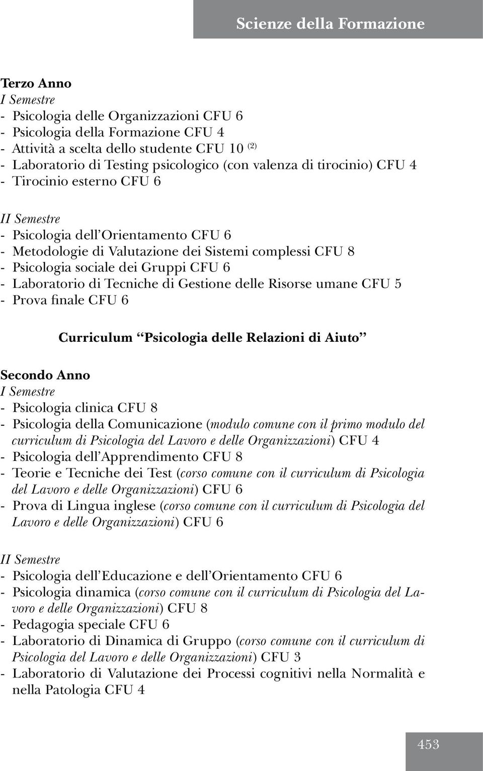 Laboratorio di Tecniche di Gestione delle Risorse umane CFU 5 - Prova finale CFU 6 Curriculum Psicologia delle Relazioni di Aiuto Secondo Anno - Psicologia clinica CFU 8 - Psicologia della