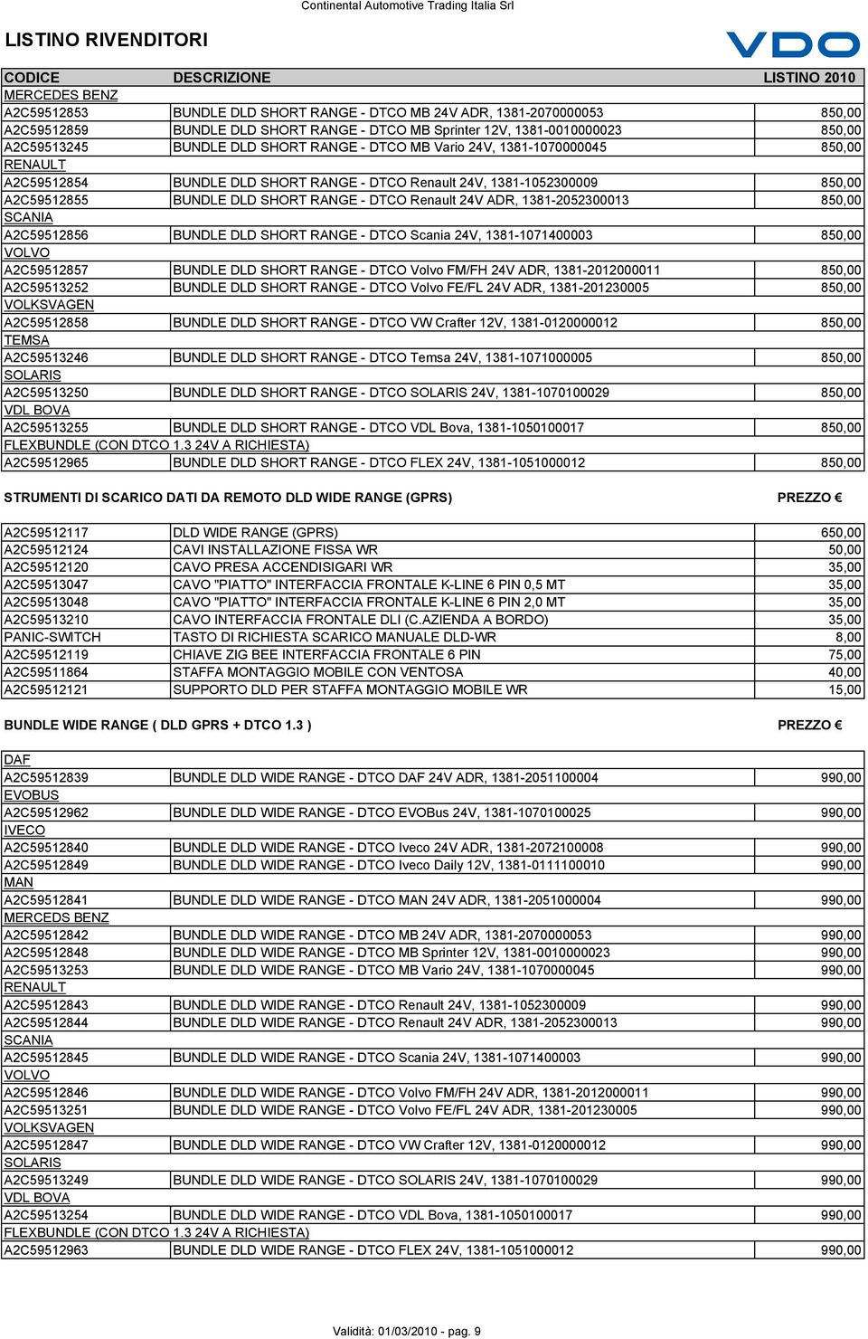 ADR, 1381-2052300013 850,00 SCANIA A2C59512856 BUNDLE DLD SHORT RANGE - DTCO Scania 24V, 1381-1071400003 850,00 VOLVO A2C59512857 BUNDLE DLD SHORT RANGE - DTCO Volvo FM/FH 24V ADR, 1381-2012000011