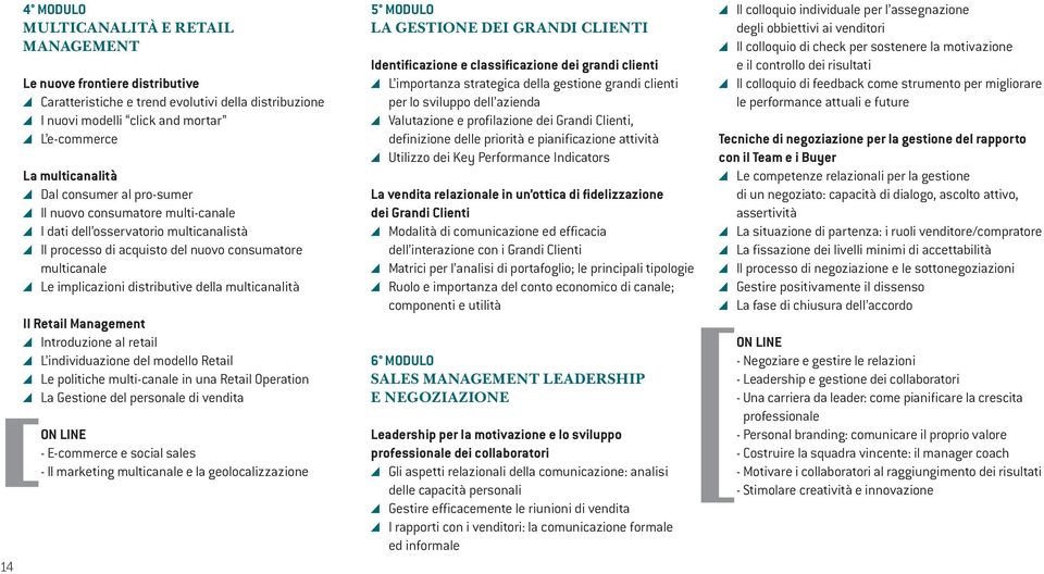 multicanalità Il Retail Management Introduzione al retail L individuazione del modello Retail Le politiche multi-canale in una Retail Operation La Gestione del personale di vendita ON LINE -