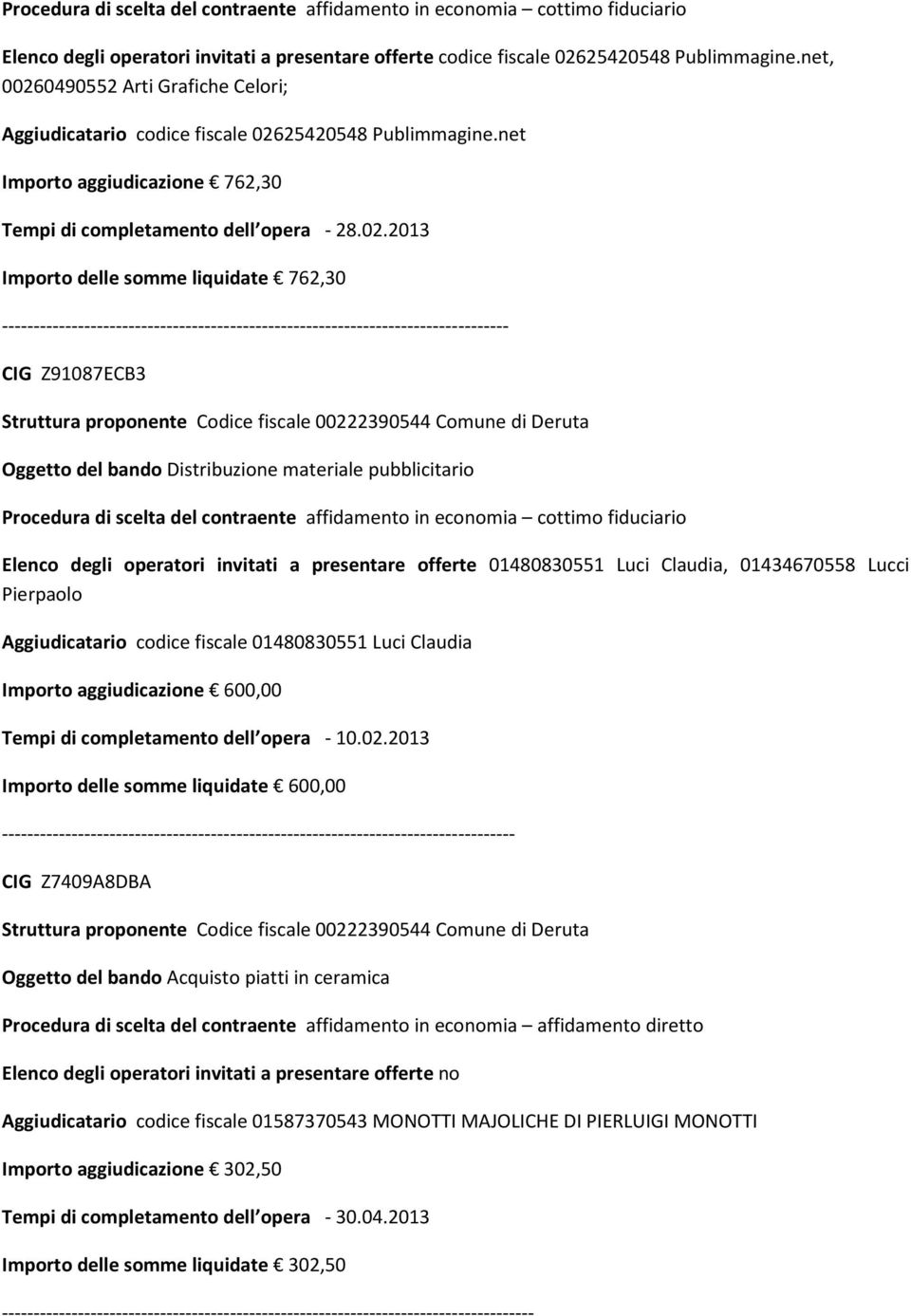 net Importo aggiudicazione 762,30 Importo delle somme liquidate 762,30 -------------------------------------------------------------------------------- CIG Z91087ECB3 Oggetto del bando Distribuzione