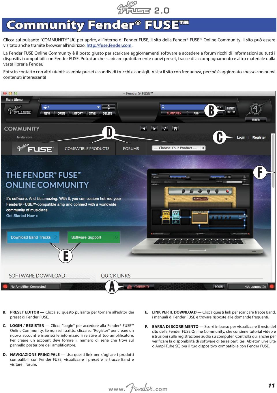 La Fender FUSE Online Community è il posto giusto per scaricare aggiornamenti software e accedere a forum ricchi di informazioni su tutti i dispositivi compatibili con Fender FUSE.
