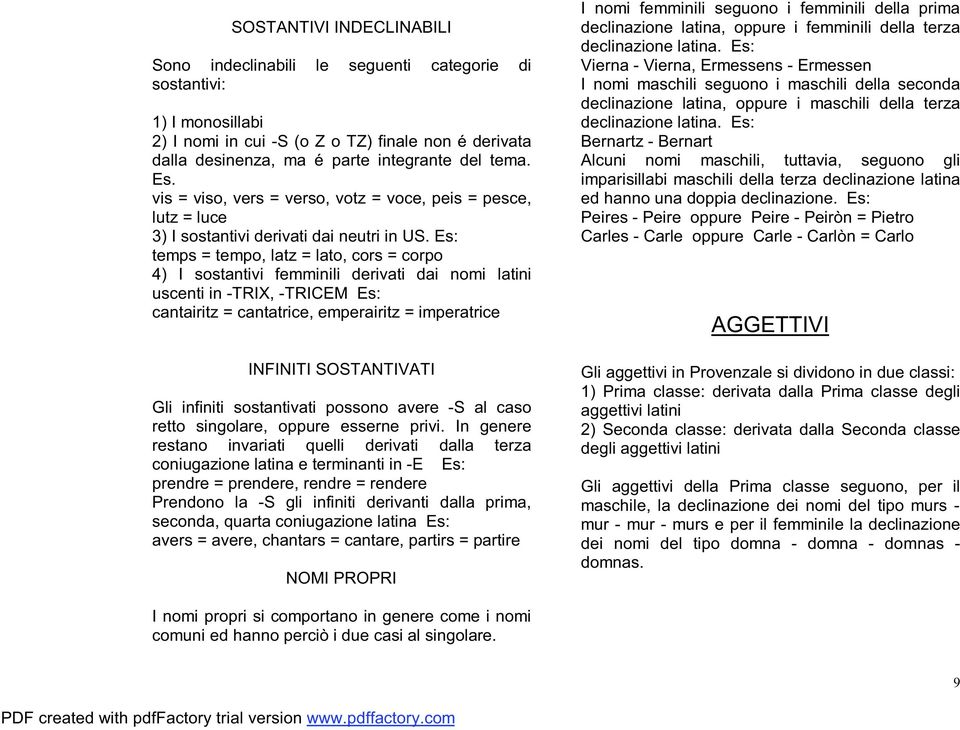 Es: temps = tempo, latz = lato, cors = corpo 4) I sostantivi femminili derivati dai nomi latini uscenti in -TRIX, -TRICEM Es: cantairitz = cantatrice, emperairitz = imperatrice INFINITI SOSTANTIVATI