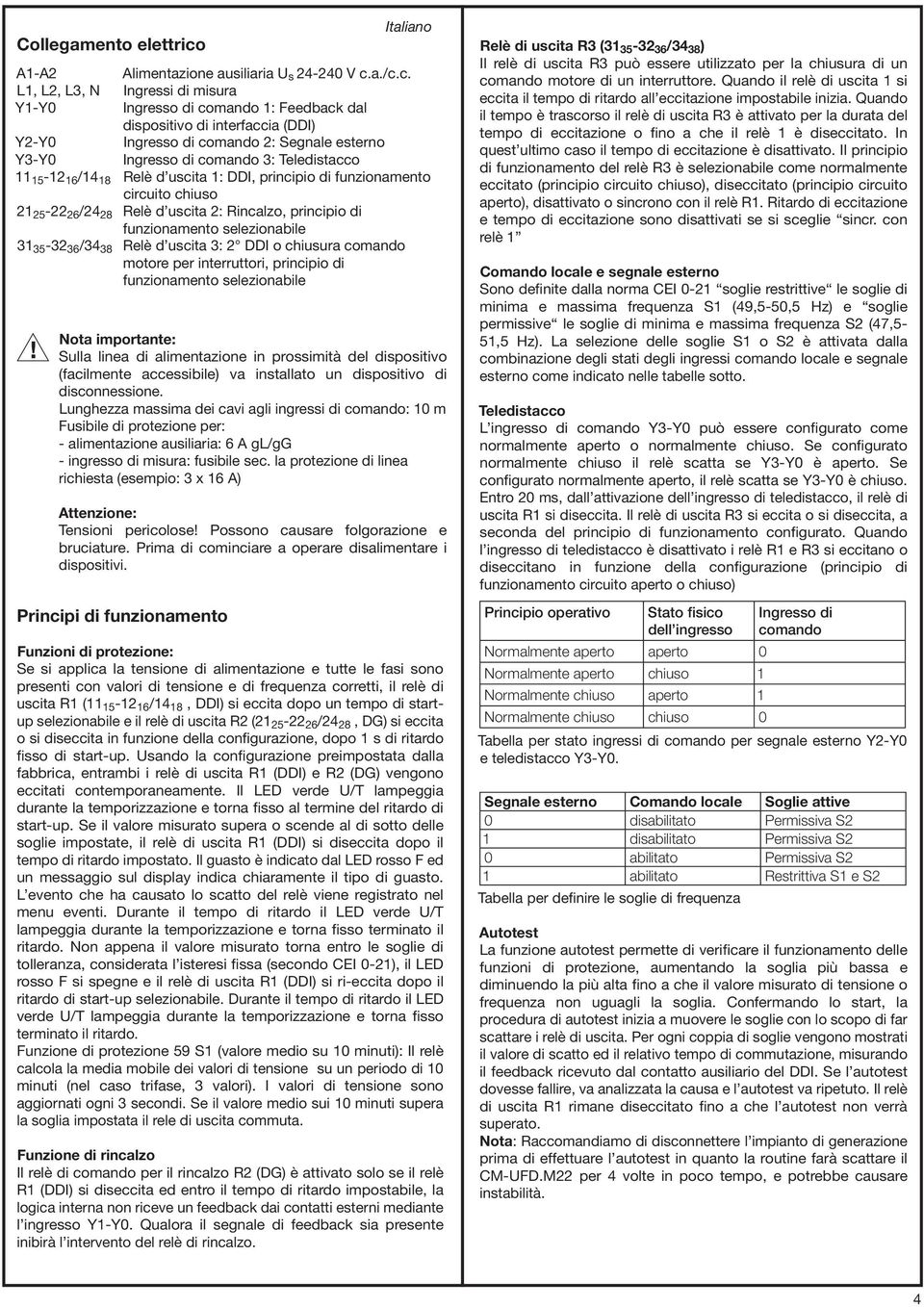 a./c.c. L1, L2, L3, N Ingressi di misura Y1-Y0 Ingresso di comando 1: Feedback dal dispositivo di interfaccia (DDI) Y2-Y0 Ingresso di comando 2: Segnale esterno Y3-Y0 Ingresso di comando 3: