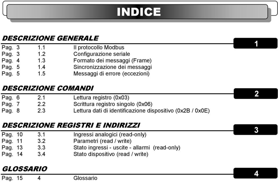 2 Scrittura registro singolo (0x06) Pag. 8 2.3 Lettura dati di identificazione dispositivo (0x2B / 0x0E) DESCRIZIONE REGISTRI E INDIRIZZI Pag. 10 3.