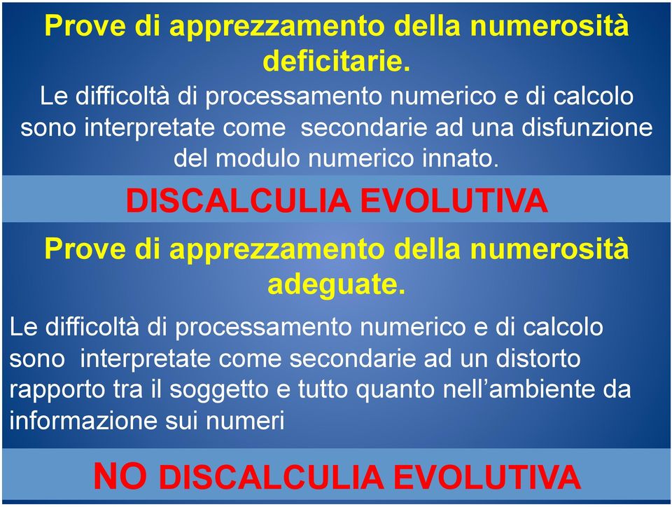 numerico innato. DISCALCULIA EVOLUTIVA Prove di apprezzamento della numerosità adeguate.