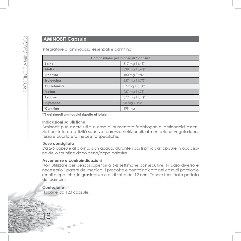 Triptofano 98 mg 4,4%* Carnitina 199 mg *% dei singoli aminoacidi rispetto al totale Indicazioni salutistiche Aminobit può essere utile in caso di aumentato fabbisogno di aminoacidi essenziali per