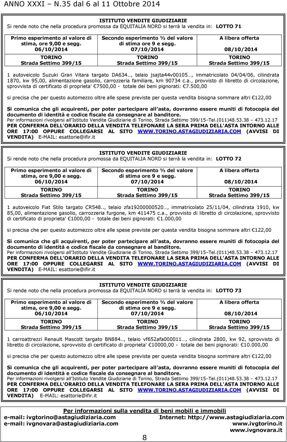 ., telaio jsajta44v00105, immatricolato 04/04/06, cilindrata 1870, kw 95,00, alimentazione gasolio, carrozzeria familiare, km 90734 c.a., provvisto di libretto di circolazione, sprovvista di certificato di proprieta' 7500,00 - totale dei beni pignorati: 7.