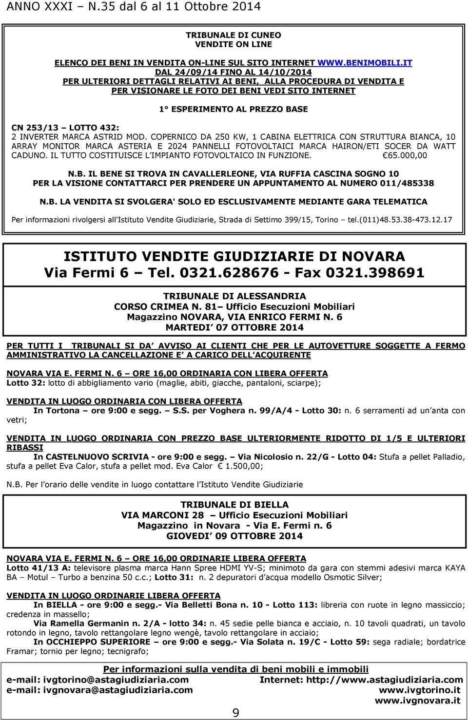 432: 2 INVERTER MARCA ASTRID MOD. COPERNICO DA 250 KW, 1 CABINA ELETTRICA CON STRUTTURA BIANCA, 10 ARRAY MONITOR MARCA ASTERIA E 2024 PANNELLI FOTOVOLTAICI MARCA HAIRON/ETI SOCER DA WATT CADUNO.