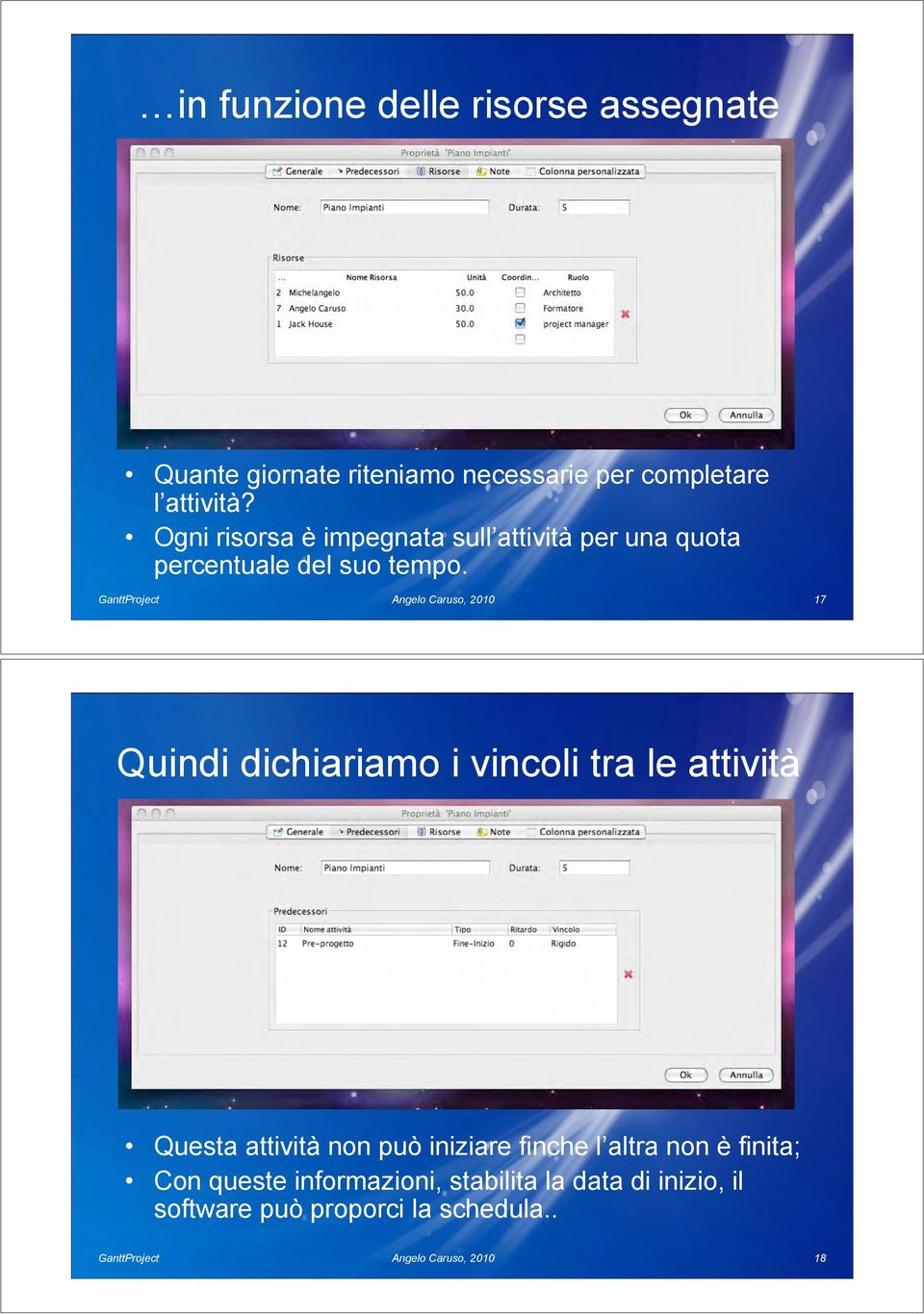 Angelo Caruso, 2010 17 Quindi dichiariamo i vincoli tra le attività Questa attività non può iniziare