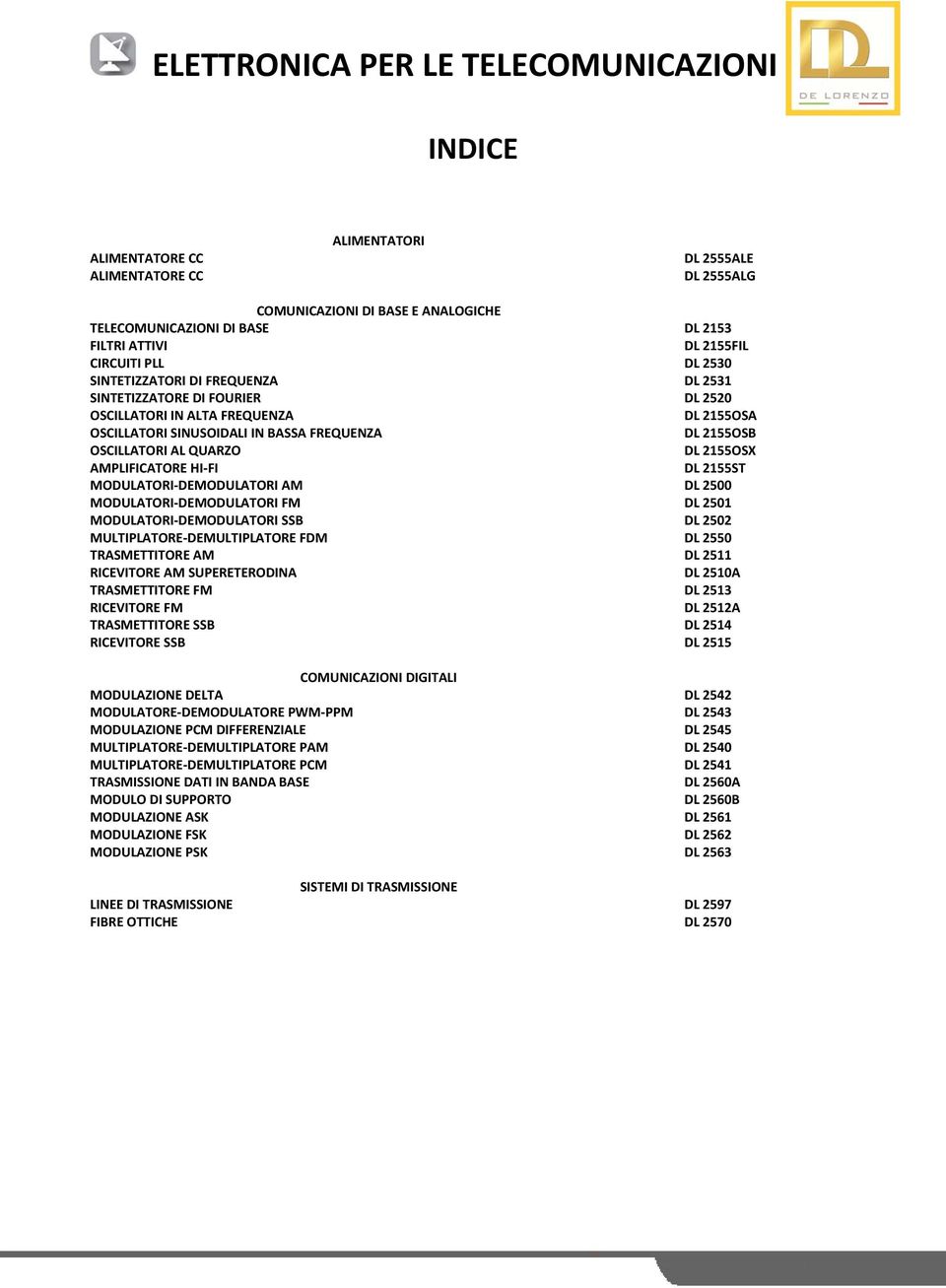 AMPLIFICATORE HI FI DL 2155ST MODULATORI DEMODULATORI AM DL 2500 MODULATORI DEMODULATORI FM DL 2501 MODULATORI DEMODULATORI SSB DL 2502 MULTIPLATORE DEMULTIPLATORE FDM DL 2550 TRASMETTITORE AM DL