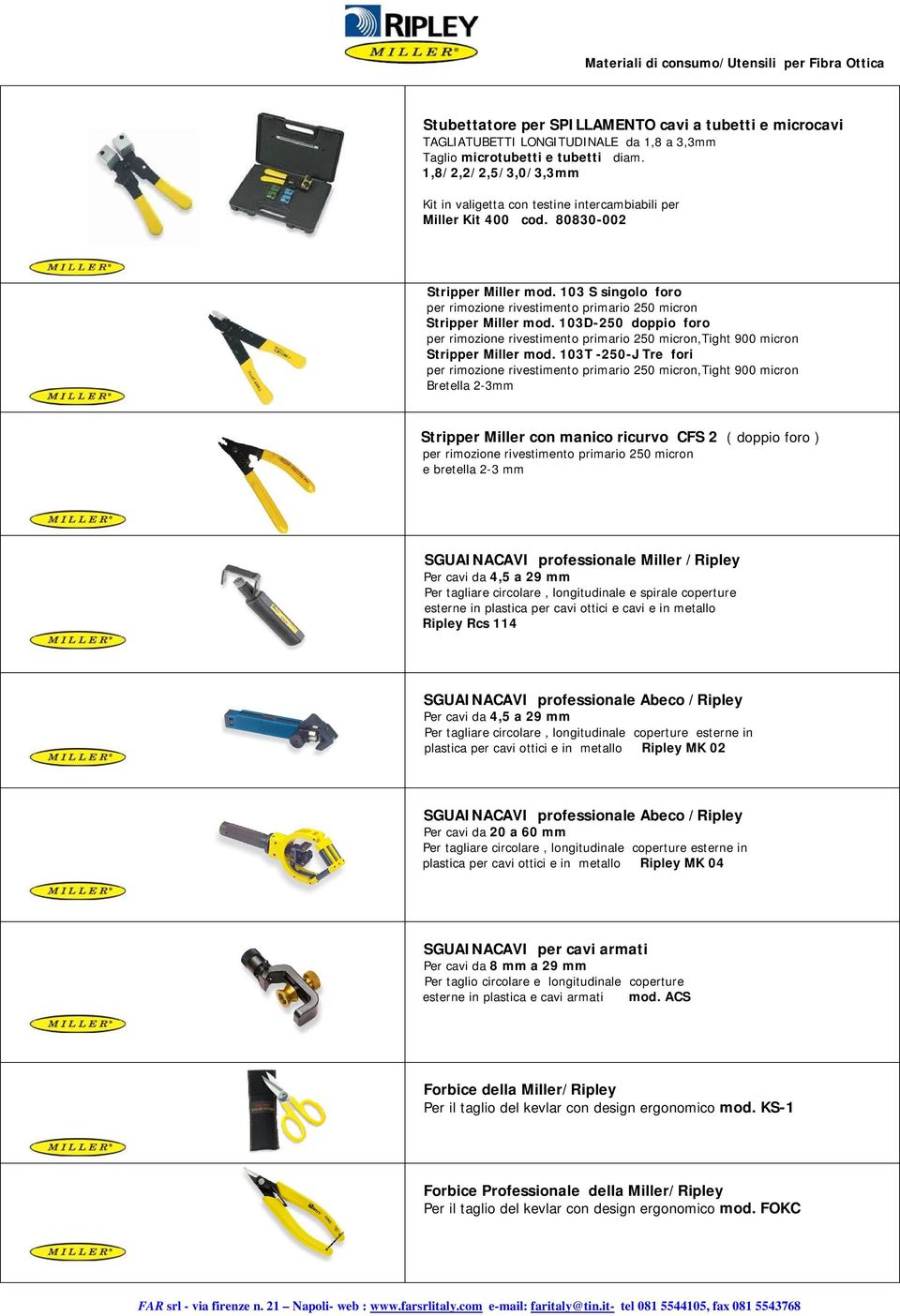 103 S singolo foro per rimozione rivestimento primario 250 micron Stripper Miller mod. 103D-250 doppio foro per rimozione rivestimento primario 250 micron,tight 900 micron Stripper Miller mod.