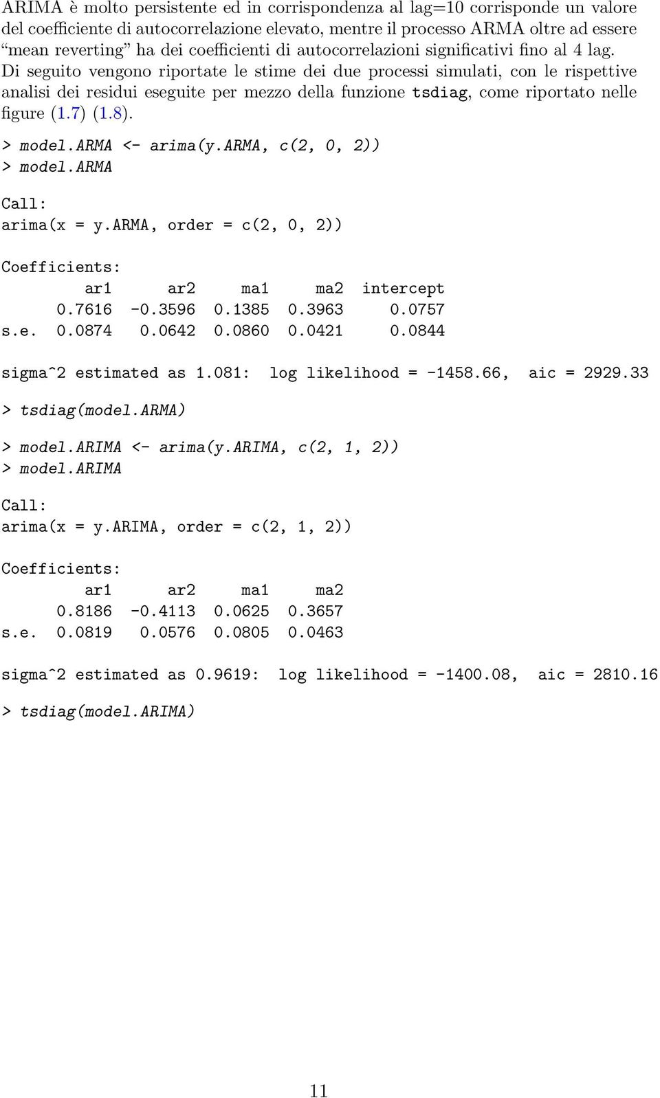 Di seguito vengono riportate le stime dei due processi simulati, con le rispettive analisi dei residui eseguite per mezzo della funzione tsdiag, come riportato nelle figure (1.7) (1.8). > model.
