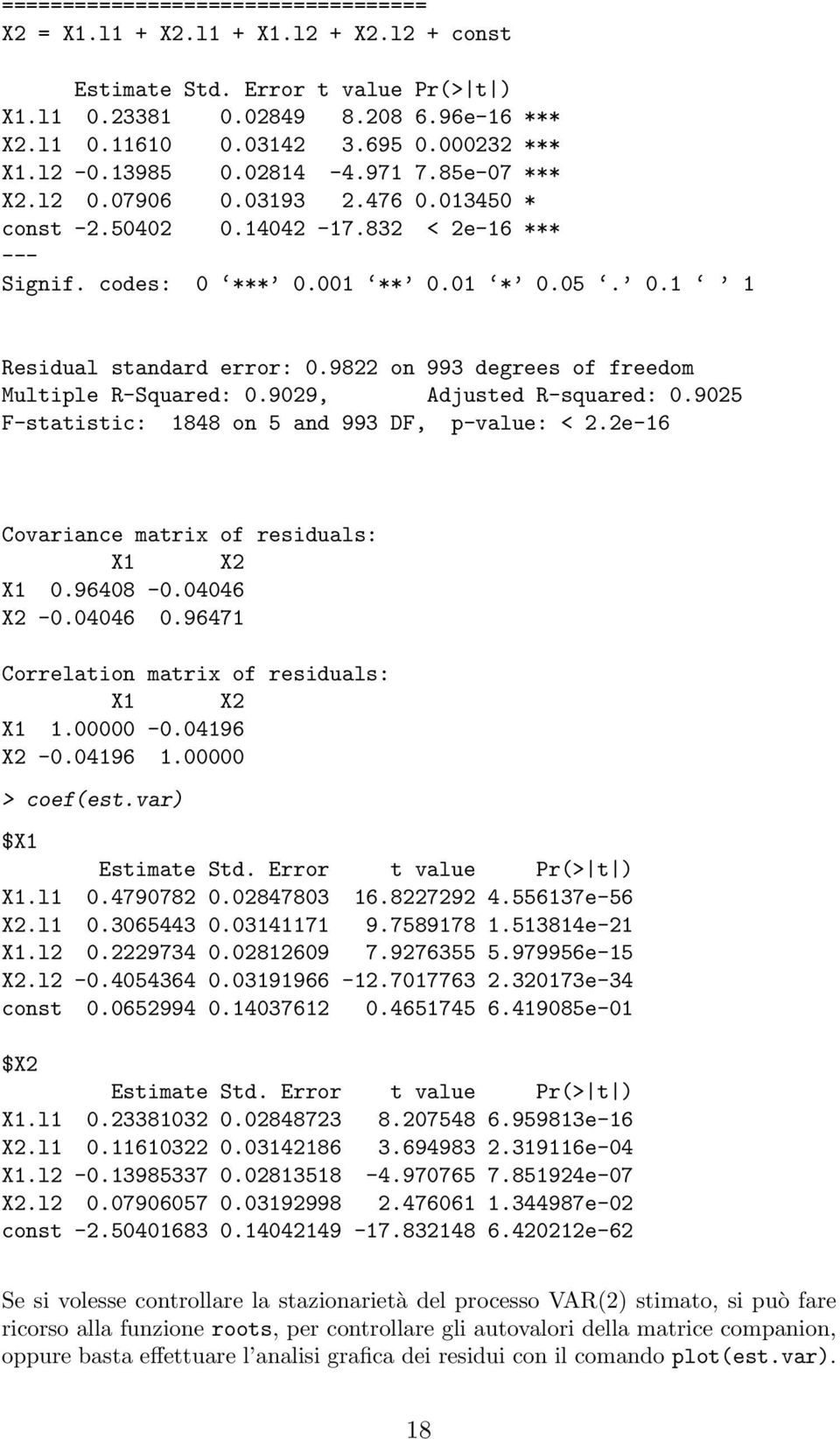 9822 on 993 degrees of freedom Multiple R-Squared: 0.9029, Adjusted R-squared: 0.9025 F-statistic: 1848 on 5 and 993 DF, p-value: < 2.2e-16 Covariance matrix of residuals: X1 X2 X1 0.96408-0.