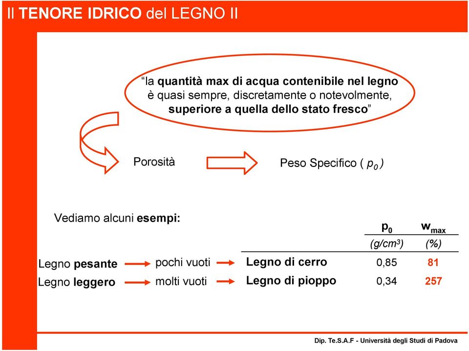 Peso Specifico ( p 0 ) Vediamo alcuni esempi: p 0 w max (g/cm 3 ) (%) Legno pesante