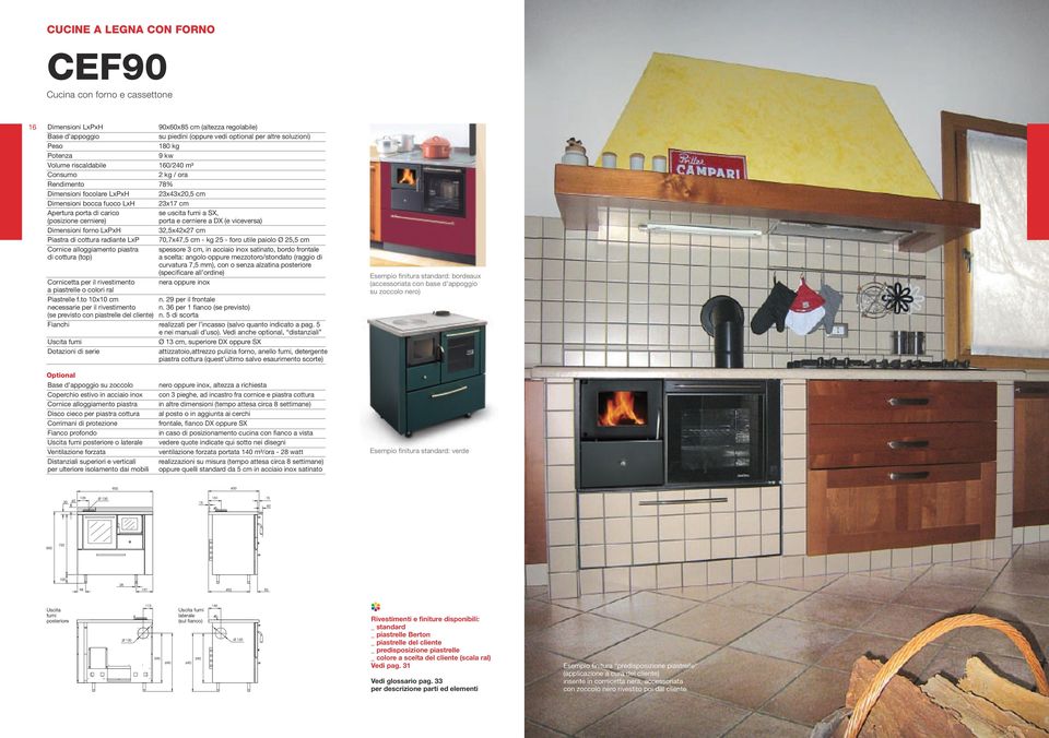 e cerniere a DX (e viceversa) Dimensioni forno LxPxH 32,5x42x27 cm Piastra di cottura radiante LxP 70,7x47,5 cm - kg 25 - foro utile paiolo Ø 25,5 cm a scelta: angolo oppure mezzotoro/stondato