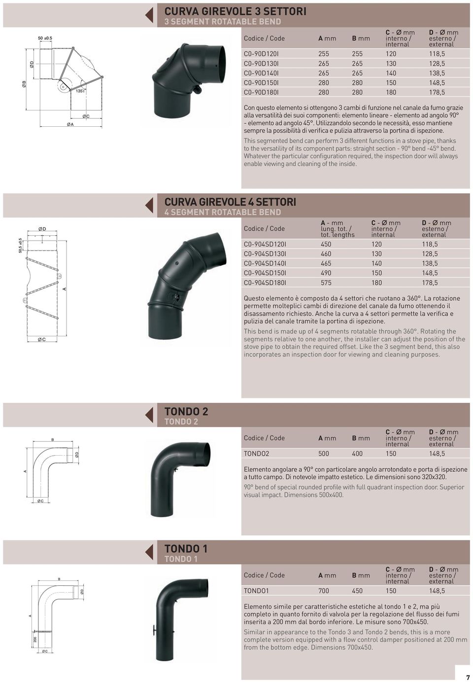 elemento ad angolo 90 - elemento ad angolo 45. Utilizzandolo secondo le necessità, esso mantiene sempre la possibilità di verifica e pulizia attraverso la portina di ispezione.