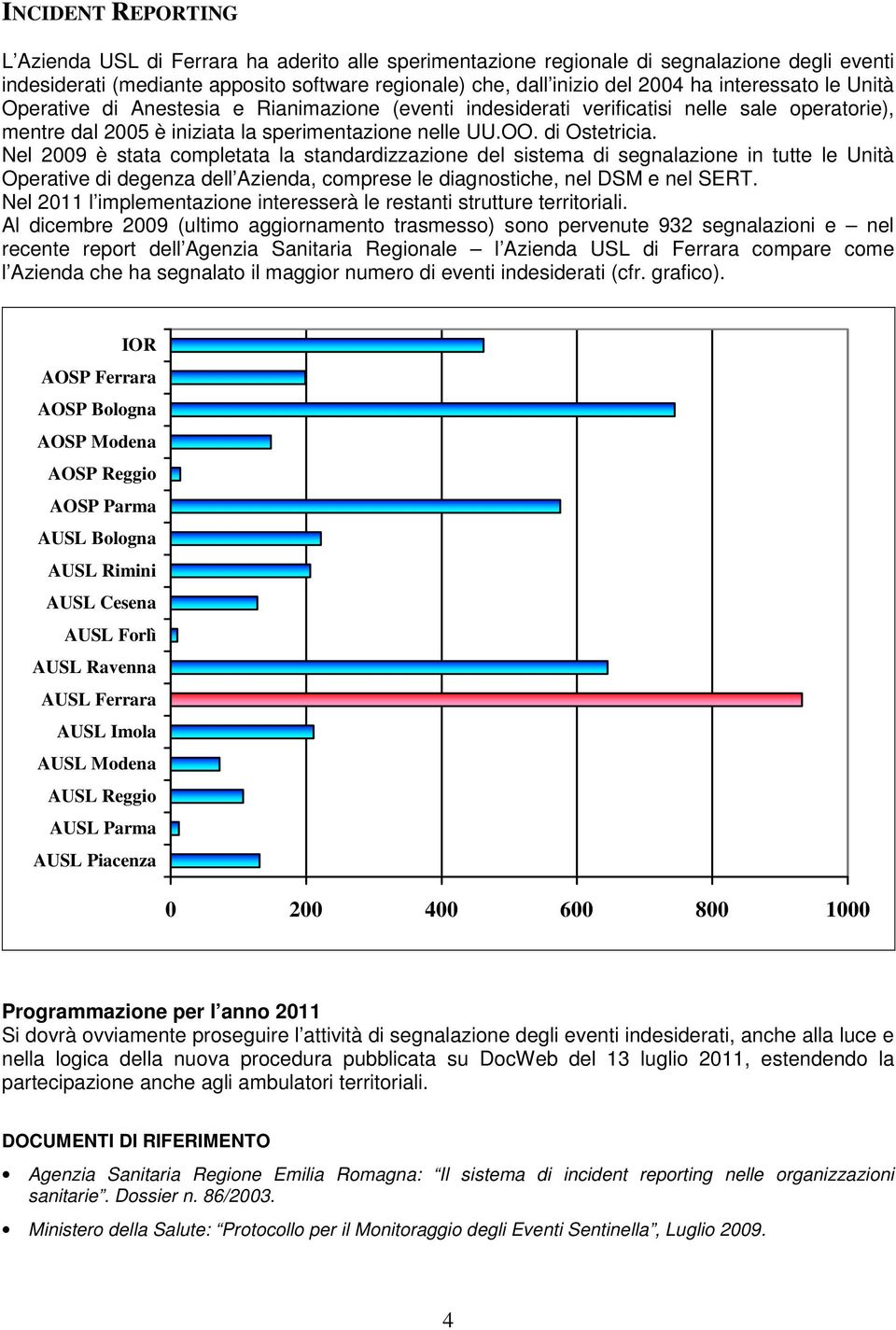 Nel 2009 è stata completata la standardizzazione del sistema di segnalazione in tutte le Unità Operative di degenza dell Azienda, comprese le diagnostiche, nel DSM e nel SERT.