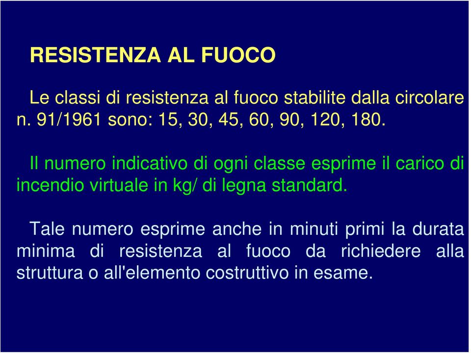 Il numero indicativo di ogni classe esprime il carico di incendio virtuale in kg/ di legna