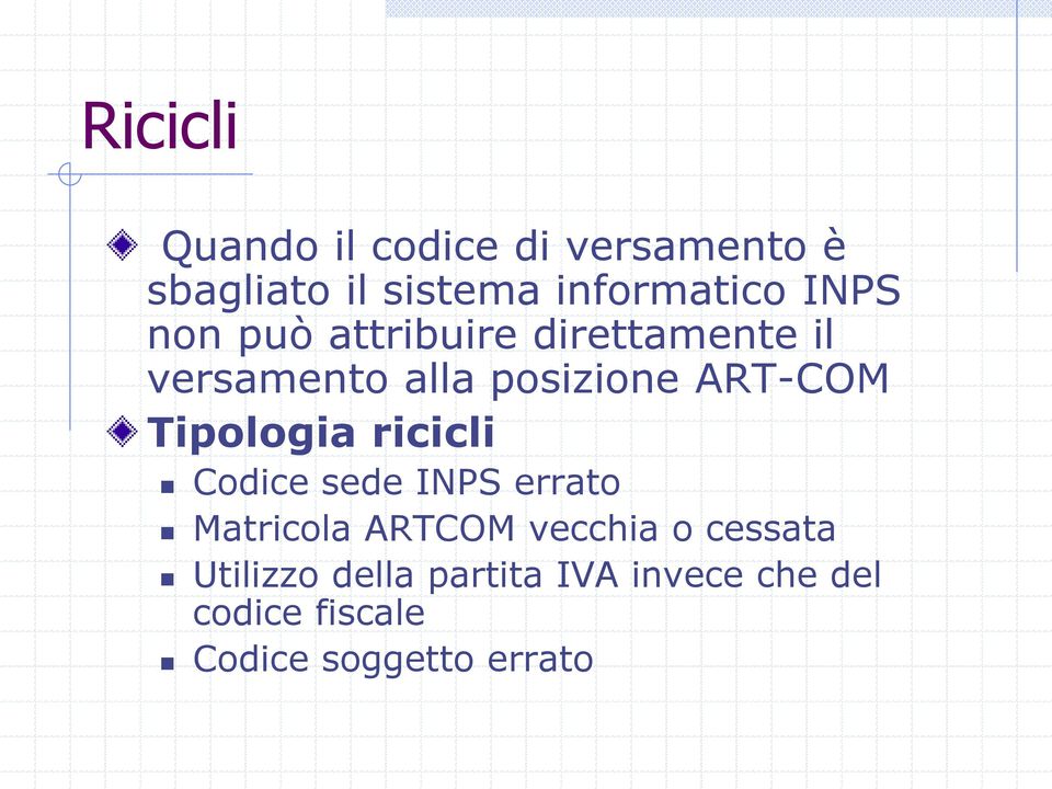 Tipologia ricicli Codice sede INPS errato Matricola ARTCOM vecchia o