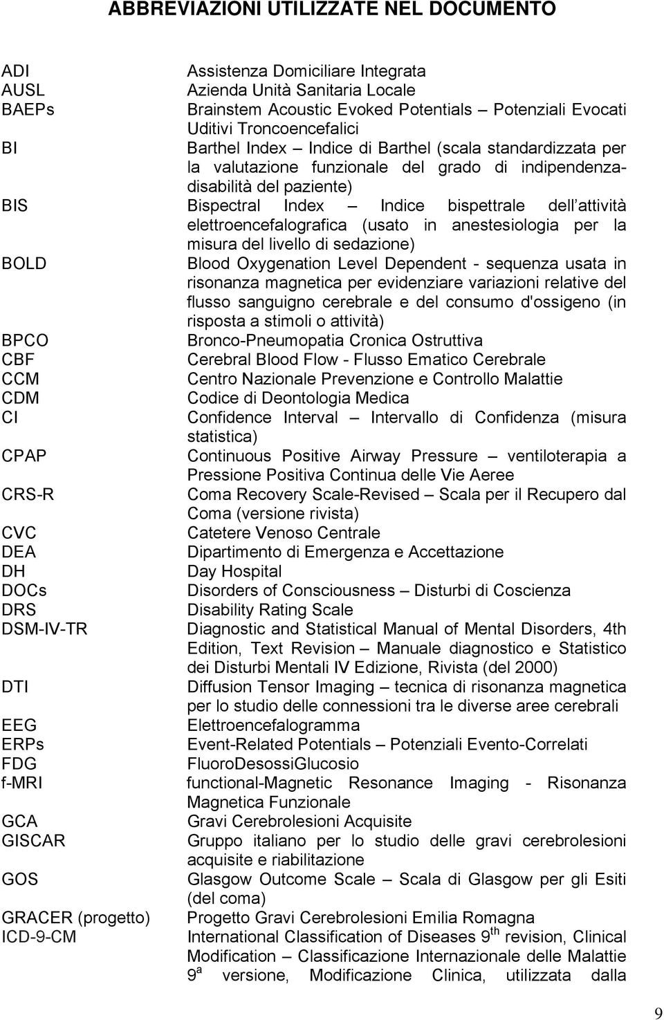 attività elettroencefalografica (usato in anestesiologia per la misura del livello di sedazione) BOLD BPCO CBF CCM CDM CI CPAP CRS-R CVC DEA DH DOCs DRS DSM-IV-TR DTI EEG ERPs FDG f-mri GCA GISCAR