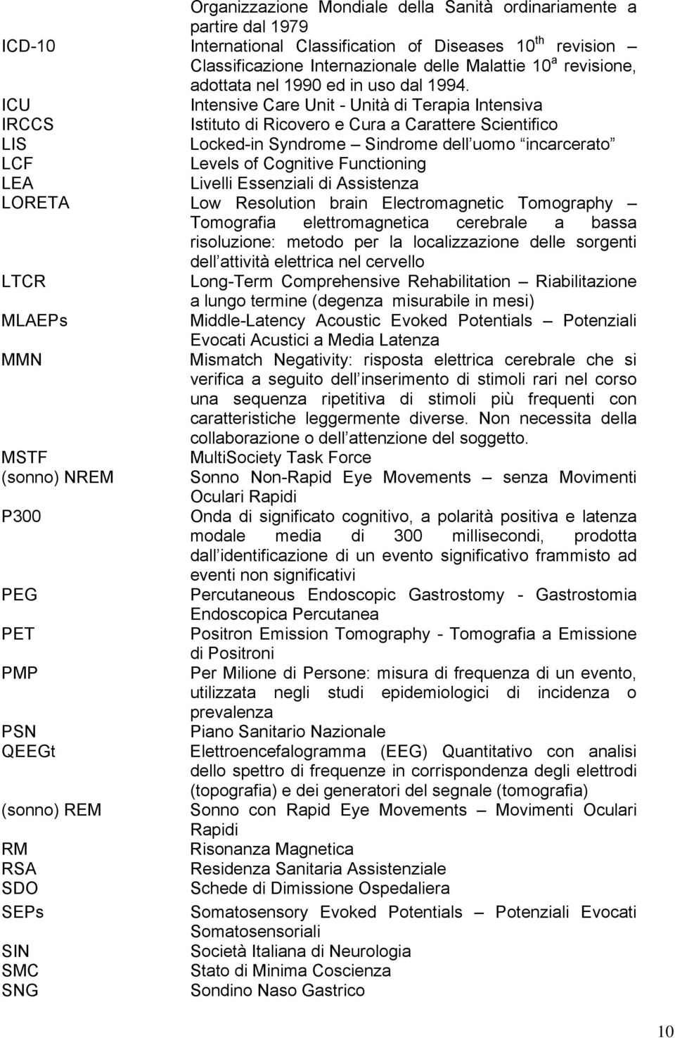 ICU Intensive Care Unit - Unità di Terapia Intensiva IRCCS Istituto di Ricovero e Cura a Carattere Scientifico LIS Locked-in Syndrome Sindrome dell uomo incarcerato LCF Levels of Cognitive