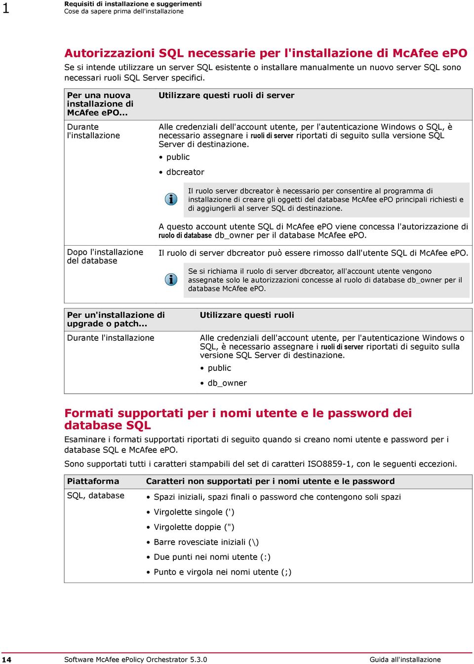 .. Durante l'installazione Utilizzare questi ruoli di server Alle credenziali dell'account utente, per l'autenticazione Windows o SQL, è necessario assegnare i ruoli di server riportati di seguito