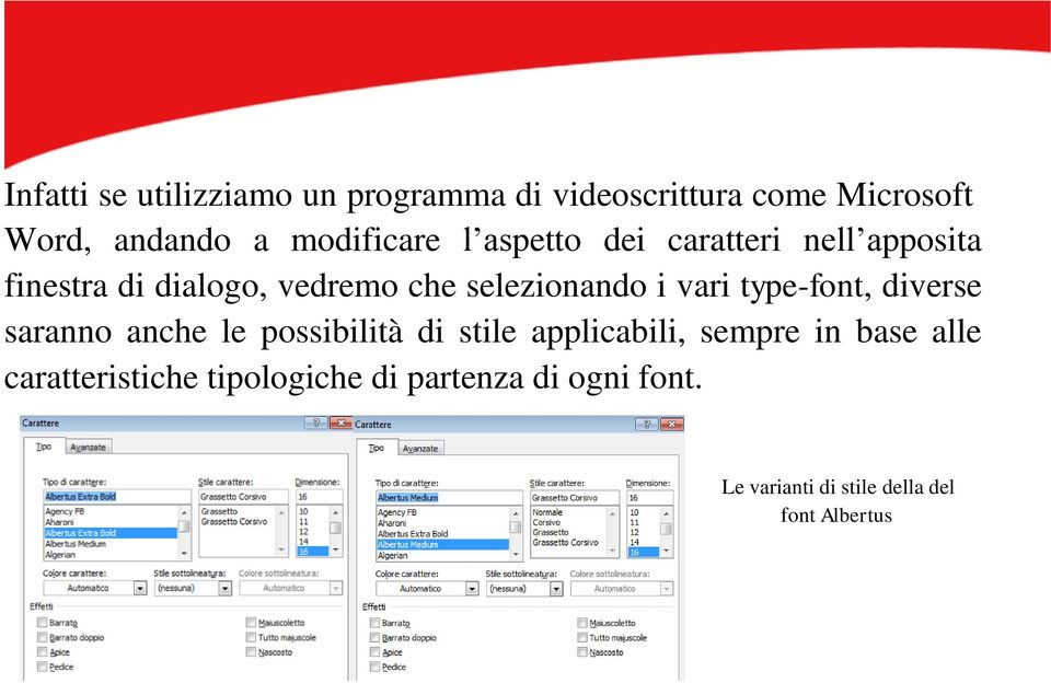 selezionando i vari type-font, diverse saranno anche le possibilità di stile applicabili,